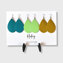 Load image into Gallery viewer, Teal, light green and Gold Leather Teardrop Earrings