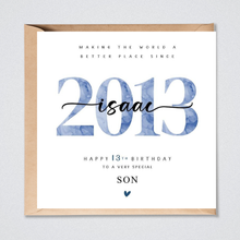 Load image into Gallery viewer, Personalised 13th Birthday Card for Him - 2013 in blue
