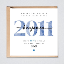 Load image into Gallery viewer, Personalised 15th Birthday Card 2011 for Him Blue