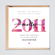 Load image into Gallery viewer, 15th Birthday Card personalised 2011 vivid pink for her
