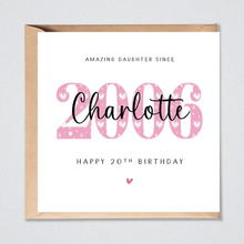 Load image into Gallery viewer, Greeting card with 'Amazing Daughter Since 2006' text and 'Happy 20th Birthday' on a white background.