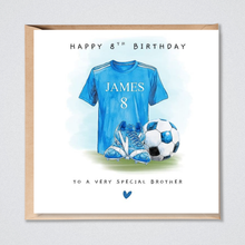 Load image into Gallery viewer, 8th Birthday Card Personalised Blue Football Kit