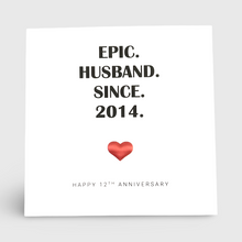 Load image into Gallery viewer, 12th Anniversary Card with red silk heart for 2014 Silk Wedding Anniversary. Epic Collection. 