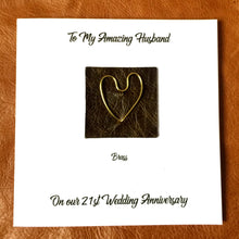 Load image into Gallery viewer, 21st Wedding Anniversary Card, Brass Heart on Leather