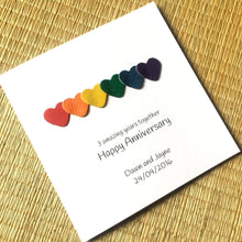 Load image into Gallery viewer, 3rd Anniversary Card Personalised, LGBT Leather Rainbow Hearts