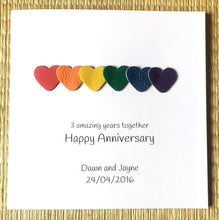 Load image into Gallery viewer, 3rd Anniversary Card Personalised, LGBT Leather Rainbow Hearts