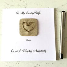 Load image into Gallery viewer, 8th Wedding Anniversary Card Bronze Wire Heart on Leather