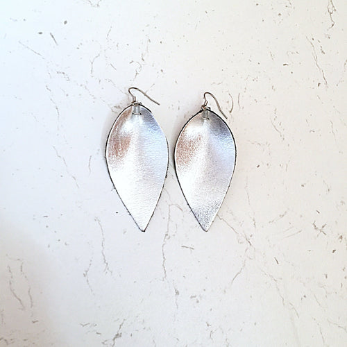Leather Earrings Metallic Silver Petal Leaf Teardrop Mother's Day Gift