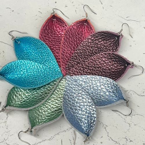 Metallic Leather Earrings Petal Leaf Teardrop Copper Turquoise Garnet Fashion Statement Earrings Boho
