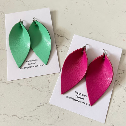 Leather Earrings Fuchsia Spearmint Petal Leaf Teardrop Fashion Statement Earrings Boho
