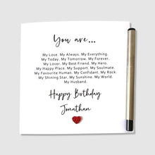 Load image into Gallery viewer, Personalised Husband Birthday Card – Poem with Leather Heart