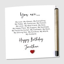 Load image into Gallery viewer, Personalised Husband Birthday Card – Poem with Leather Heart
