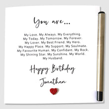 Load image into Gallery viewer, Personalised Husband Birthday Card – Poem with Leather Heart
