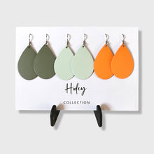 Load image into Gallery viewer, Genuine Leather Teardrop Earrings Set of 3 pairs Grey Gold Teal Orange Green