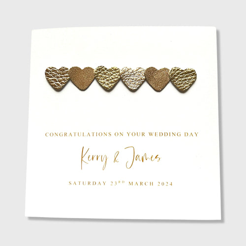 Wedding Day Card Personalised Gold Leather Hearts