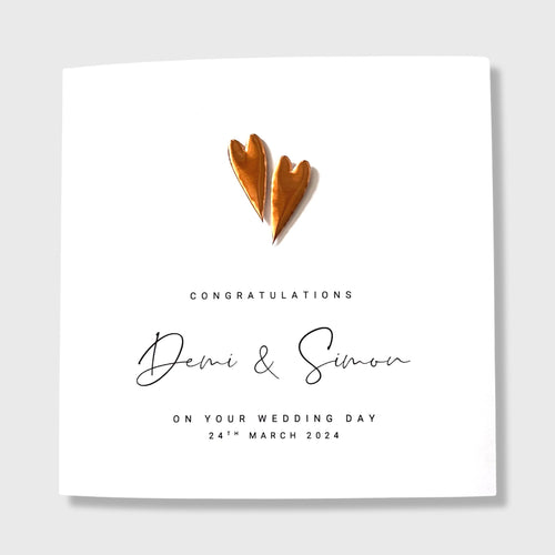 Wedding Day Card Personalised Bride and Groom 2 Copper Hearts