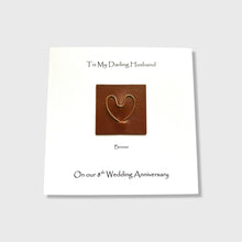 Load image into Gallery viewer, 8th Wedding Anniversary Card Bronze Wire Heart on Leather