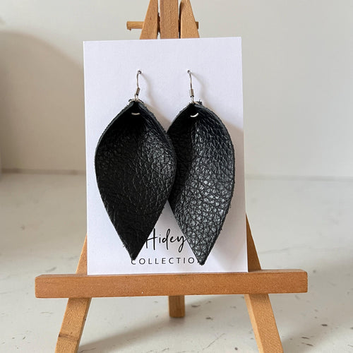 Leather Earrings Black Petal Leaf Teardrop Fashion Statement Earrings Boho