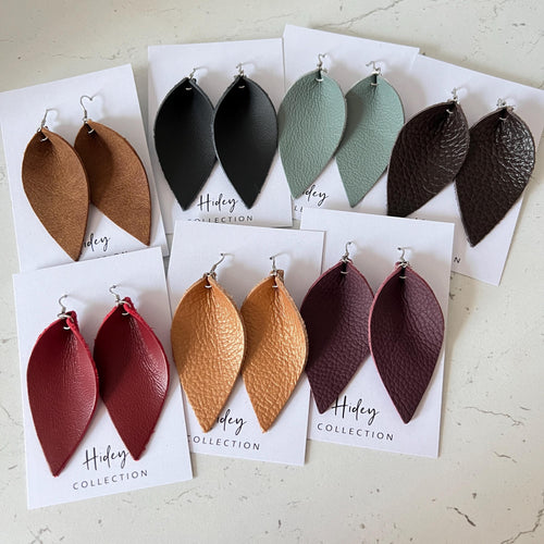 Leather Earrings Petal Leaf Teardrop Brown Red Grape Peach Sage Black Tan