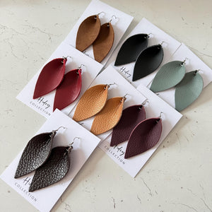 Leather Earrings Petal Leaf Teardrop Brown Red Grape Peach Sage Black Tan