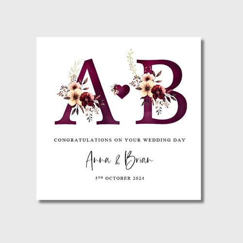 Wedding Day Card Personalised Burgundy White Floral Initials