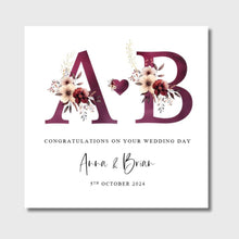 Load image into Gallery viewer, Personalised Wedding Day Card, Burgundy Floral Initials