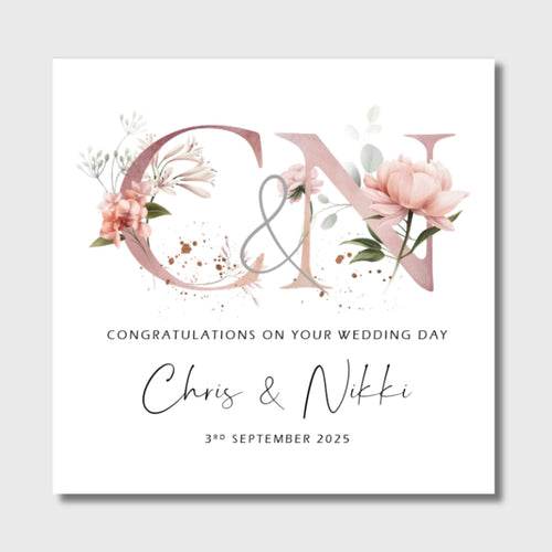 Wedding Day Card Personalised Dusky Pink Floral Initials
