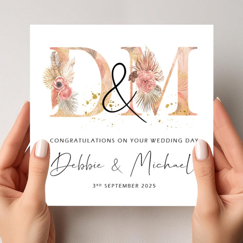 Wedding Day Card Personalised Peach Palm Initials