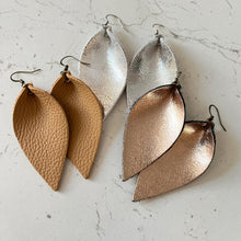 Load image into Gallery viewer, Leather Earrings Pinched Teardrop Leaf Petal Earrings Metallic Gold Silver Fudge Mother&#39;s Day Gift