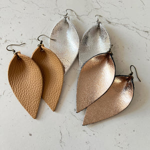 Leather Earrings Pinched Teardrop Leaf Petal Earrings Metallic Gold Silver Fudge Mother's Day Gift