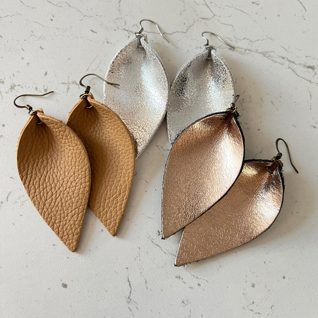 Leather Earrings Pinched Teardrop Leaf Petal Earrings Metallic Gold Silver Fudge Mother's Day Gift