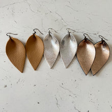 Load image into Gallery viewer, Leather Earrings Pinched Teardrop Leaf Petal Earrings Metallic Gold Silver Fudge Mother&#39;s Day Gift