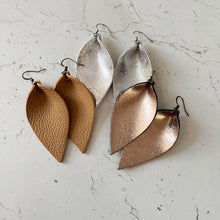 Load image into Gallery viewer, Leather Earrings Pinched Teardrop Leaf Petal Earrings Metallic Gold Silver Fudge Mother&#39;s Day Gift