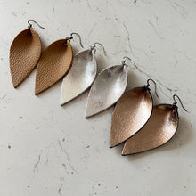 Load image into Gallery viewer, Leather Earrings Pinched Teardrop Leaf Petal Earrings Metallic Gold Silver Fudge Mother&#39;s Day Gift