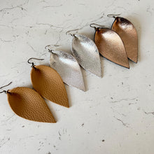 Load image into Gallery viewer, Leather Earrings Pinched Teardrop Leaf Petal Earrings Metallic Gold Silver Fudge Mother&#39;s Day Gift