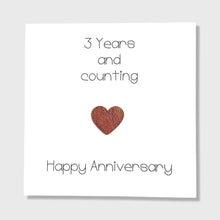 Load image into Gallery viewer, 3rd Anniversary Card with Leather Heart: Three Years Together
