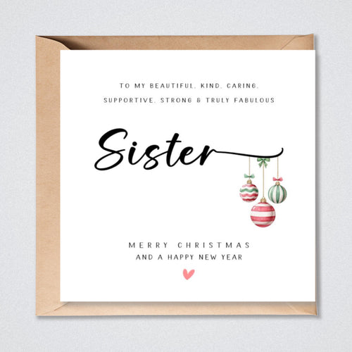 Sister Christmas Card Red Green Baubles Xmas Card Sister