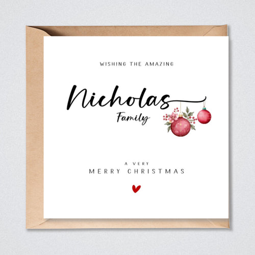 Personalised Family Surname Christmas Card Red Baubles
