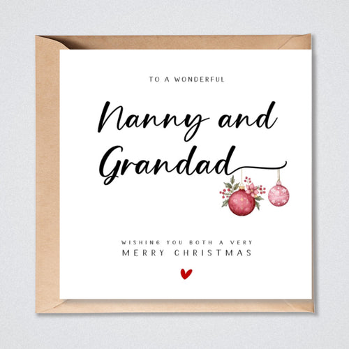 Nanny and Grandad Christmas Card Red Baubles Xmas Card for Grandparents