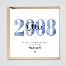 Load image into Gallery viewer, 18th Birthday Card Personalised, Nephew Son Grandson Friend Brother 2008