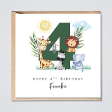 Load image into Gallery viewer, 4th Birthday Card, Personalised, Him, Her Grandson, Granddaughter, Safari Animals