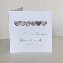 Load image into Gallery viewer, Personalised 25th Wedding Anniversary Card, Silver Leather Hearts
