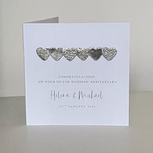 Load image into Gallery viewer, Personalised 25th Wedding Anniversary Card, Silver Leather Hearts