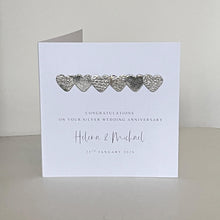 Load image into Gallery viewer, Personalised 25th Wedding Anniversary Card, Silver Leather Hearts