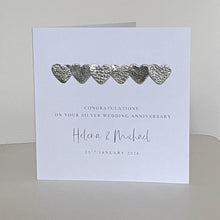 Load image into Gallery viewer, Personalised 25th Wedding Anniversary Card, Silver Leather Hearts