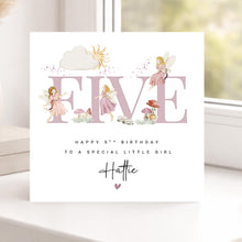 Load image into Gallery viewer, Personalised 5th Birthday Card for Her, pink with Fairies