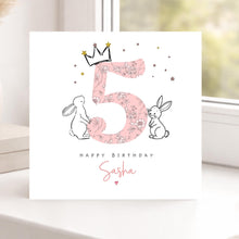 Load image into Gallery viewer, Personalised 5th Birthday Card for Her, pink with Bunny Rabbits
