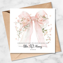 Load image into Gallery viewer, Personalised Wedding Day Card, Pink Bow, Bride, Groom