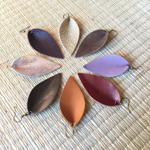 Leather Earrings Petal Leaf Teardrop Metallic Rose Brown Lilac Mahogany Caramel