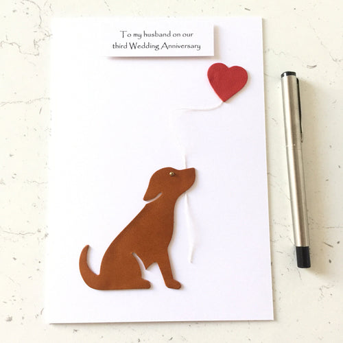 3rd Wedding Anniversary Card (Leather Anniversary) Puppy Dog Tan Black Brown